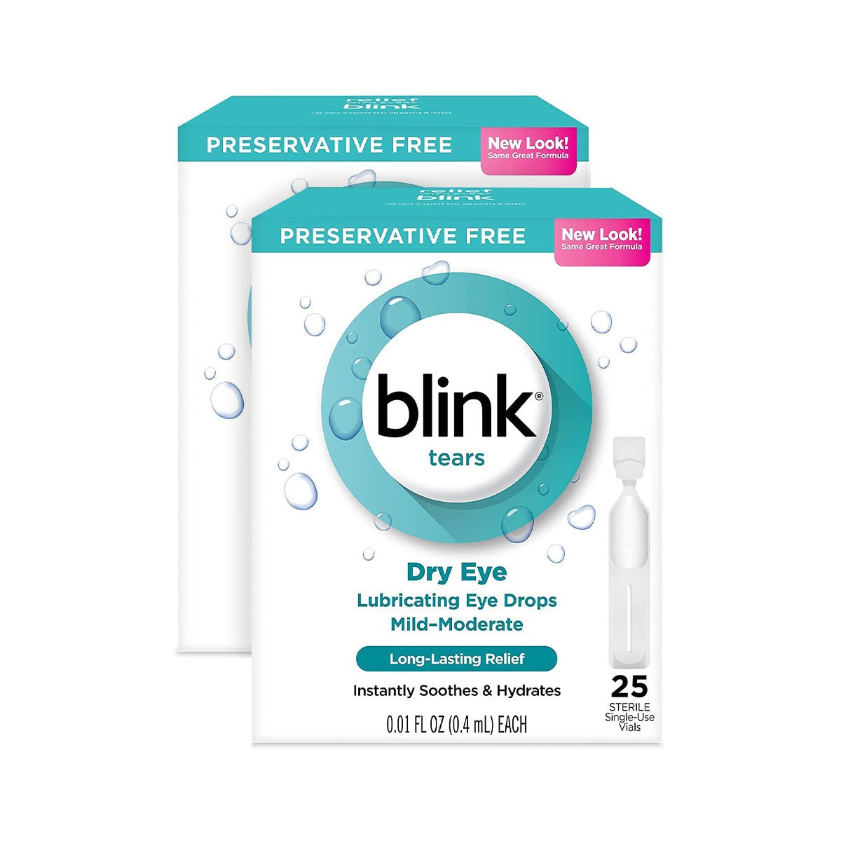 The Bausch + Lomb Blink Tears Preservative Free Lubricating Eye Drops 2-pack (50ct vials) provides convenient dry eye relief with long-lasting hydration and each blue and white box includes 25 single-use vials.