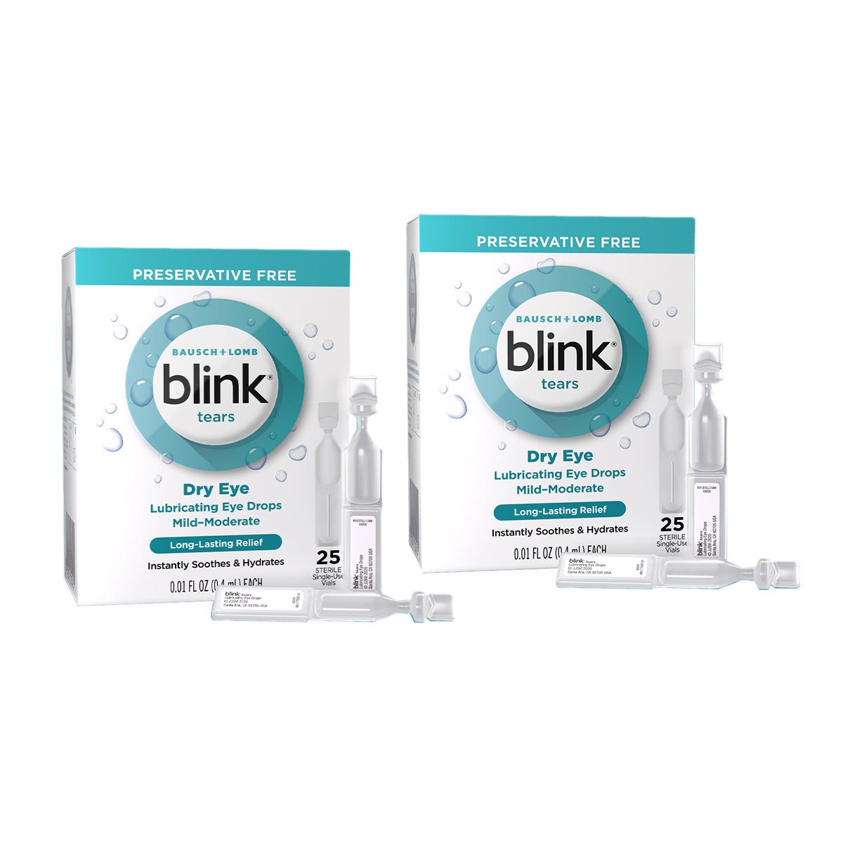 Two boxes of Bausch + Lomb Blink Tears Preservative Free Lubricating Eye Drops (50 count total), provide dry eye relief for mild to moderate conditions with 25 single-use vials in each box.