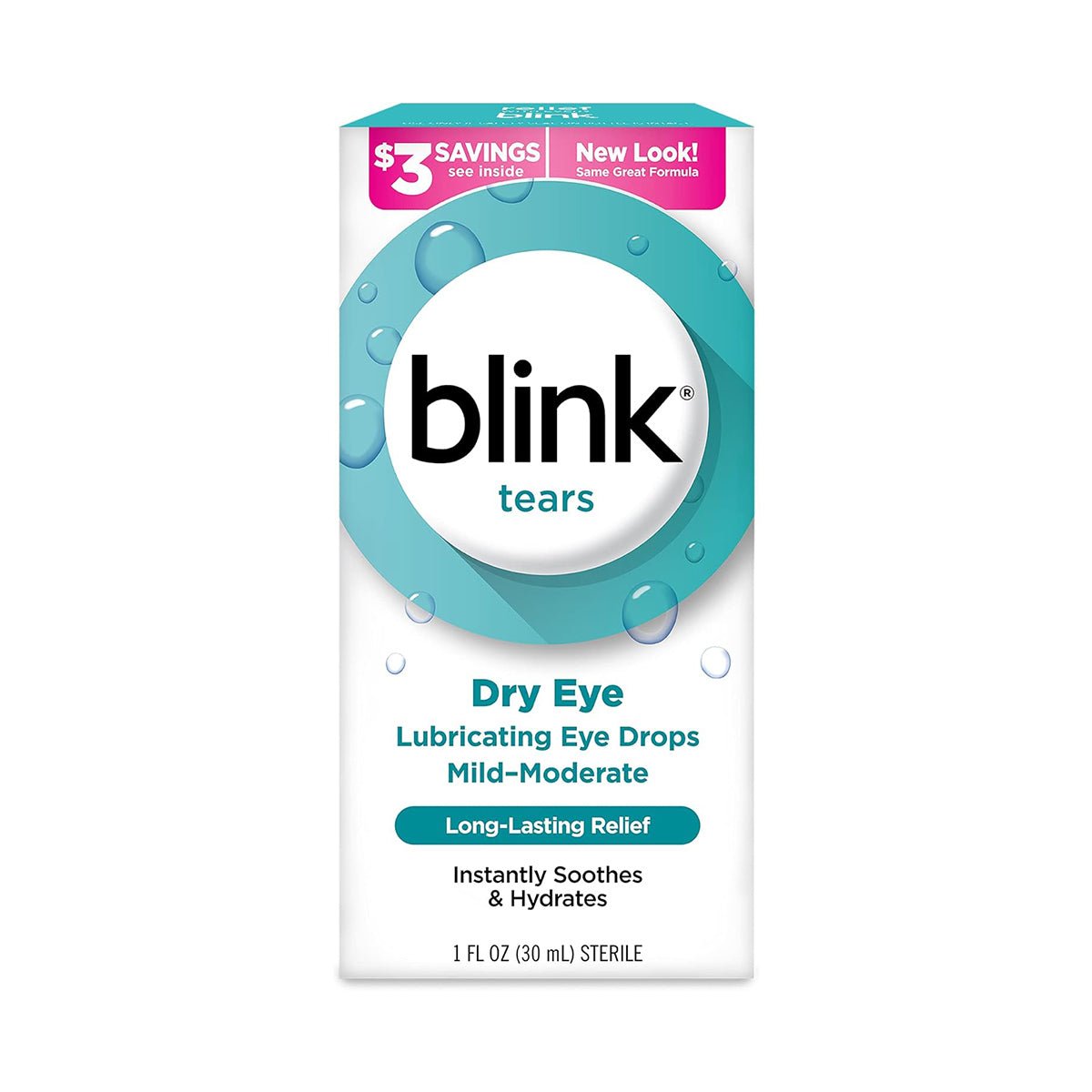 A 1 fl oz (30 mL) box of Blink Tears Lubricating Eye Drops by Bausch + Lomb showcases the front label, highlighting its formulation for mild to moderate dry eyes and offering long-lasting relief. It mentions a $3 savings and features a new look.