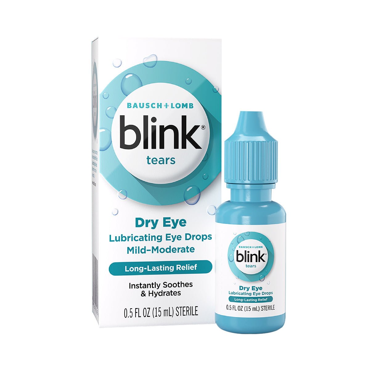 Image of Bausch + Lombs Blink Tears Lubricating Eye Drops for mild to moderate dry eyes. The packaging is white and blue, highlighting long-lasting relief and instantly soothes & hydrates, in a convenient 0.5 fl oz size.