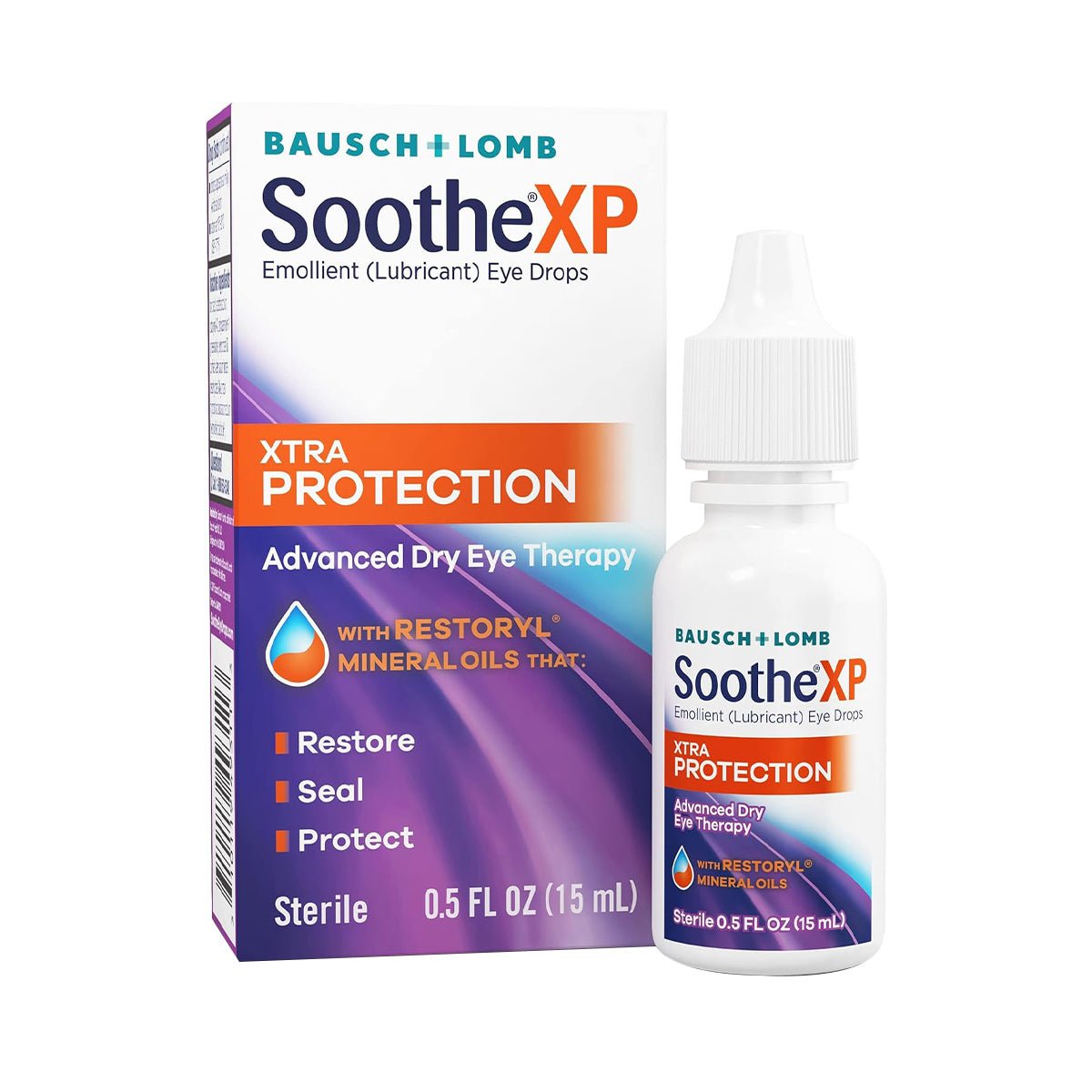 Image of a Bausch & Lomb Soothe XP Lubricant Eye Drops box and bottle highlighting Xtra Protection, Advanced Dry Eye Therapy, and Restore, Seal, Protect. The sterile 0.5 FL OZ (15 mL) formula with Restoryl mineral oils provides ultimate dry eye relief.