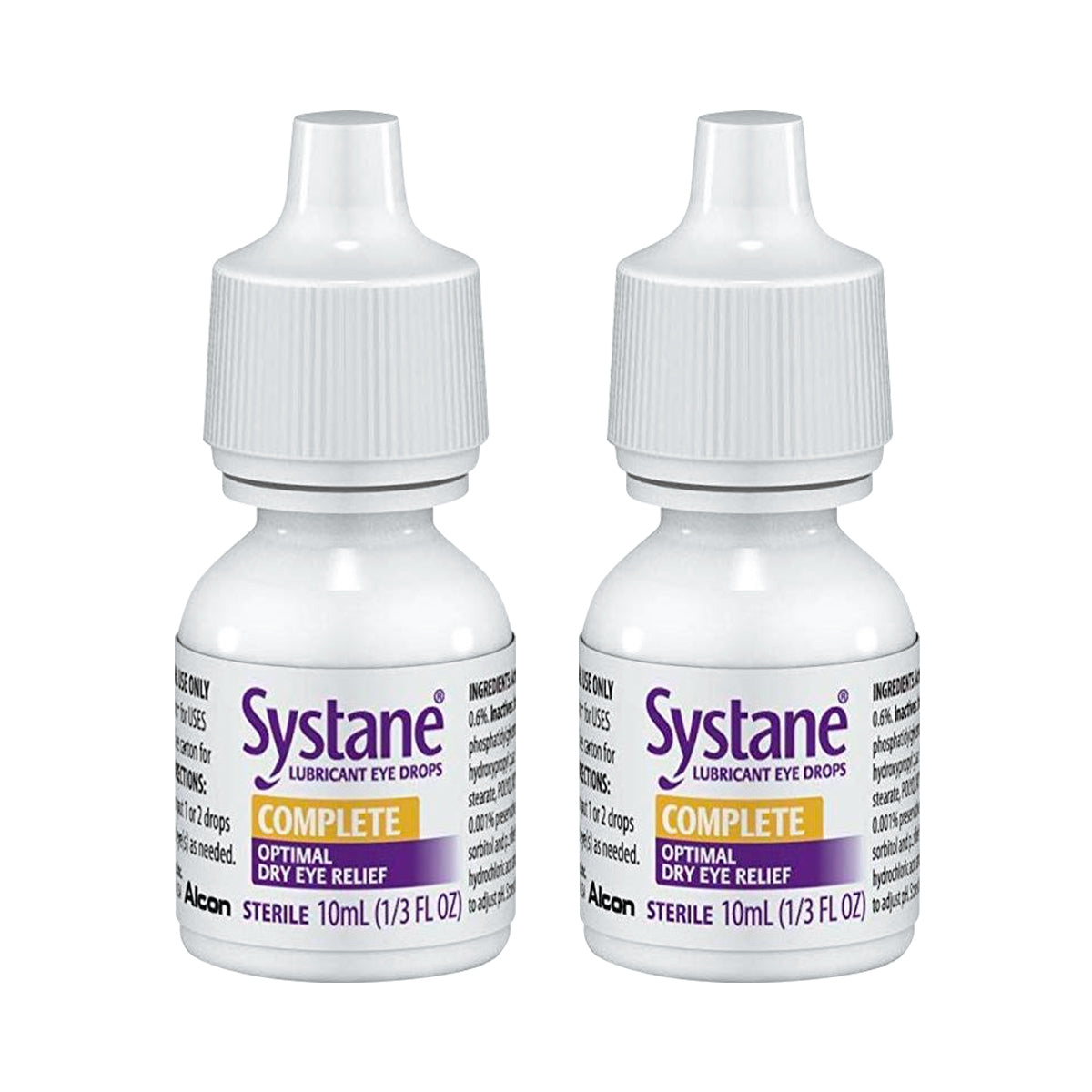 The 10ml Systane Complete Eye Drops by Alcon use Nano-Droplet Technology for effective dry eye relief. The white packaging with purple and orange text emphasizes fast-acting hydration and tear evaporation protection. This trusted, doctor-recommended product provides excellent lubrication.