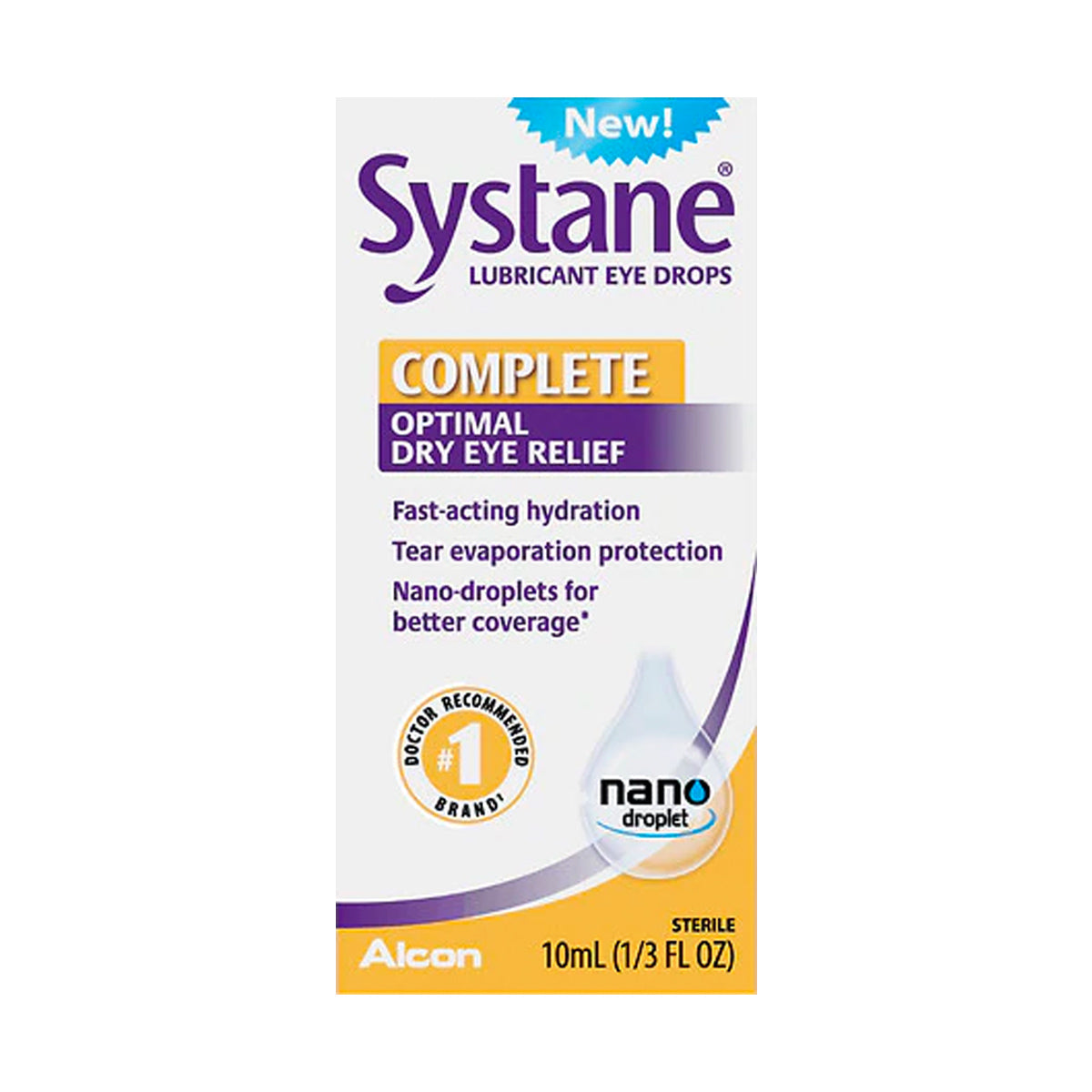 The 10ml Systane Complete Eye Drops by Alcon use Nano-Droplet Technology for effective dry eye relief. The white packaging with purple and orange text emphasizes fast-acting hydration and tear evaporation protection. This trusted, doctor-recommended product provides excellent lubrication.