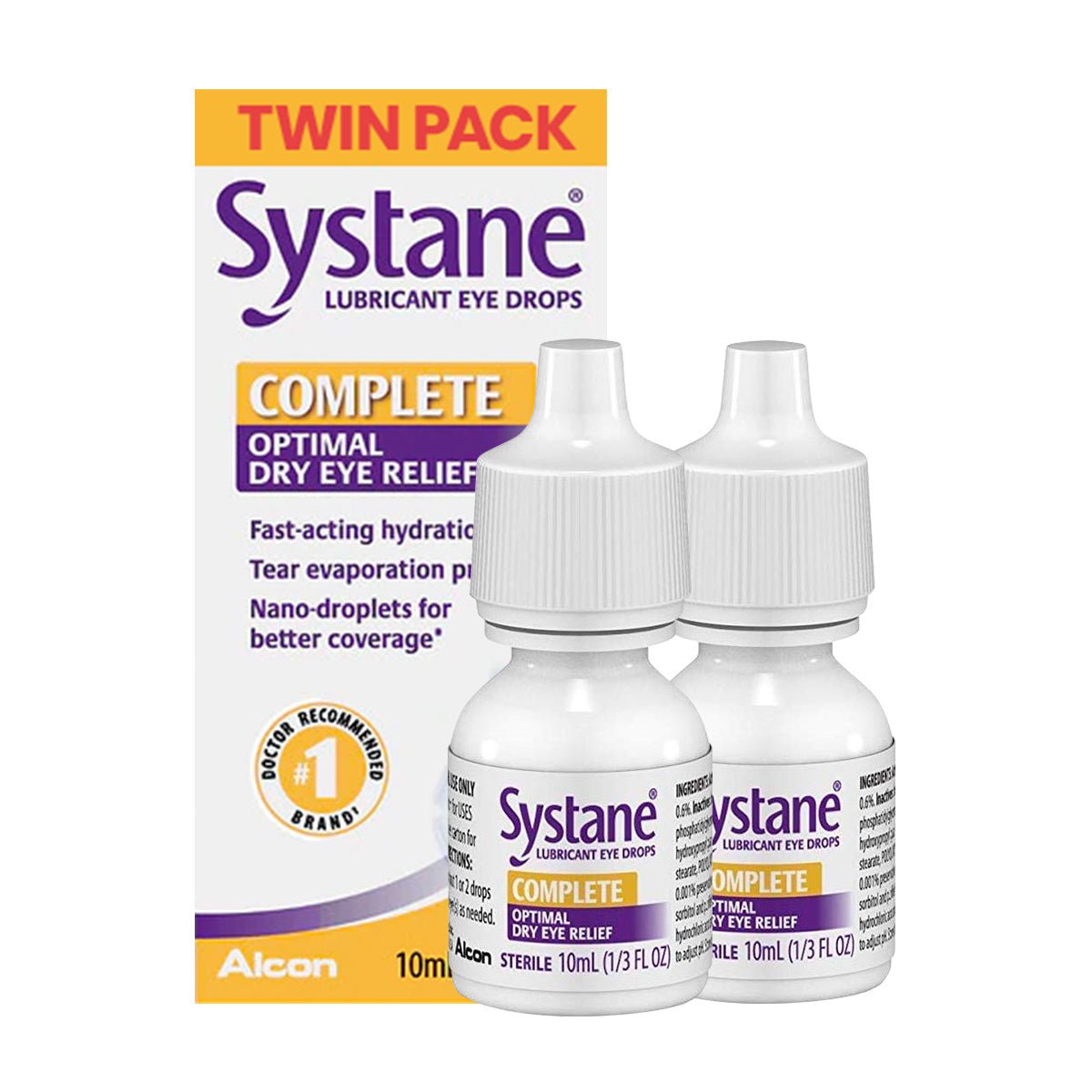 The Alcon Systane Complete Lubricant Eye Drops Twin Pack comes with two 10ml bottles, offering fast-acting hydration and dry eye relief. Each white bottle with a dropper is packaged in a colorful box for soothing comfort.