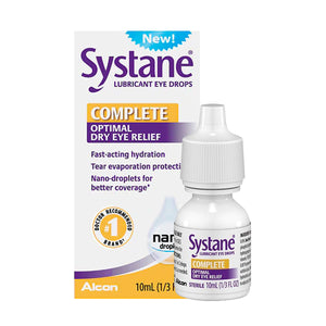 The Systane Complete Lubricant Eye Drops by Alcon features advanced Nano-Droplet Technology for fast-acting hydration and dry eye relief, with tear evaporation protection. The bottle is labeled 10 mL (1/3 fl oz).