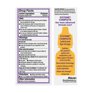 Image of Alcons Systane Complete Lubricant Eye Drops packaging (10ml Bottle) with Nano-Droplet Technology. Includes drug facts, usage instructions, warnings, company info. Emphasizes its advanced formula for hydrating, protecting, and fast dry eye relief.