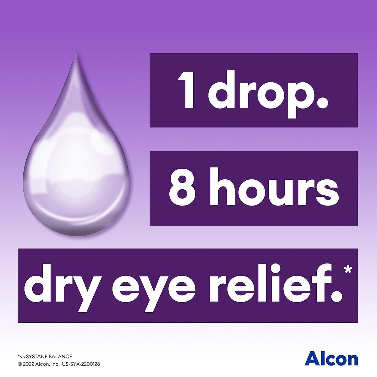 An image with a purple gradient background shows a large translucent drop on the left. Text reads, 1 drop. 8 hours dry eye relief.* Enhanced by Nano-Droplet Technology for superior lubrication, the Alcon logo is at the bottom right corner. Product: Systane Complete, Lubricant Eye Drops (10ml Bottle).