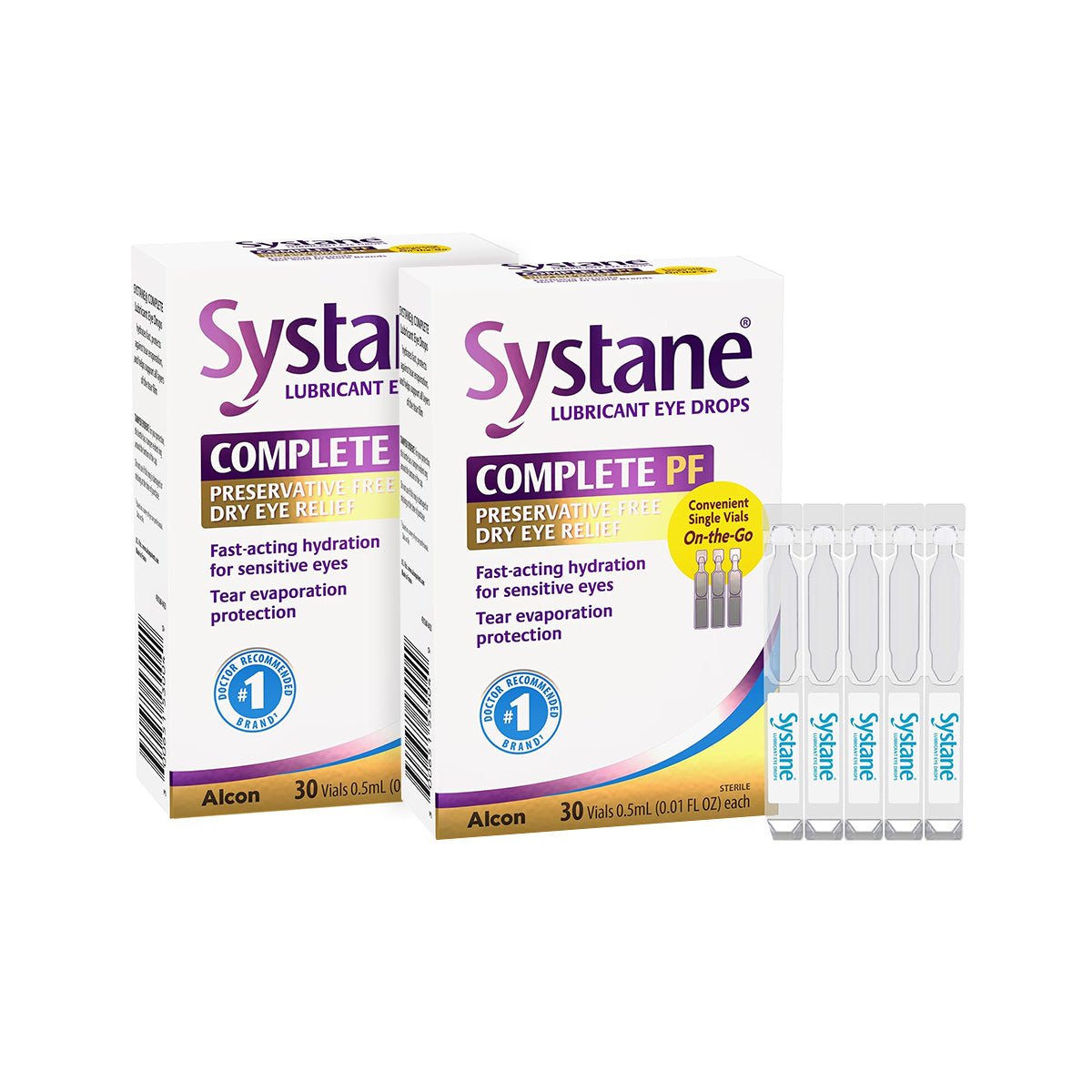 Two boxes of Alcons Systane Complete Preservative-Free Lubricant Eye Drops, each containing 30 single-use vials, offer fast-acting hydration for dry eyes. The packaging highlights advanced nano-droplet technology with four standalone vials beside the boxes.