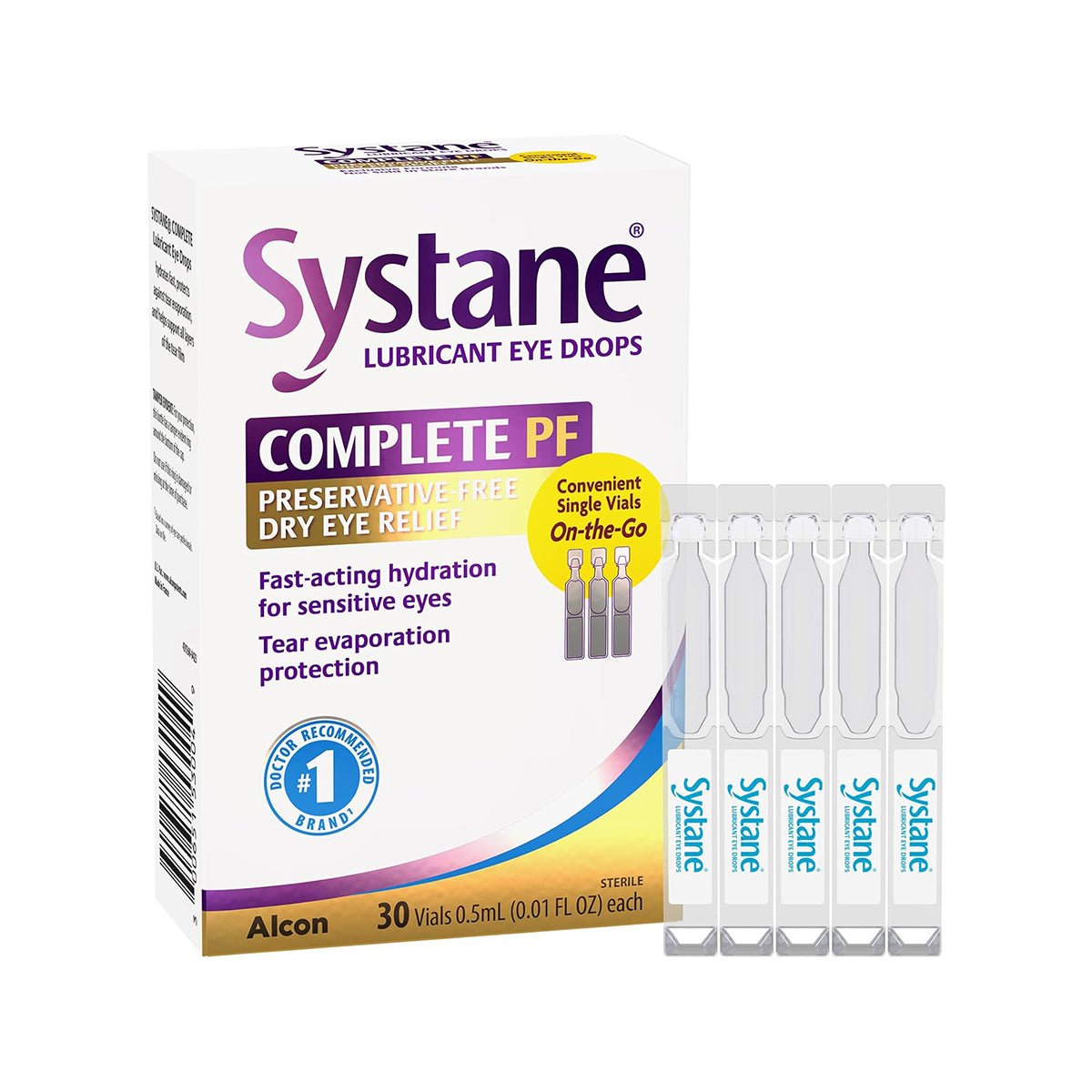 The Alcon Systane Complete Preservative-Free Lubricant Eye Drops box includes 30 single-use sterile 0.5 mL vials, offering quick hydration and relief for sensitive, dry eyes without preservatives.