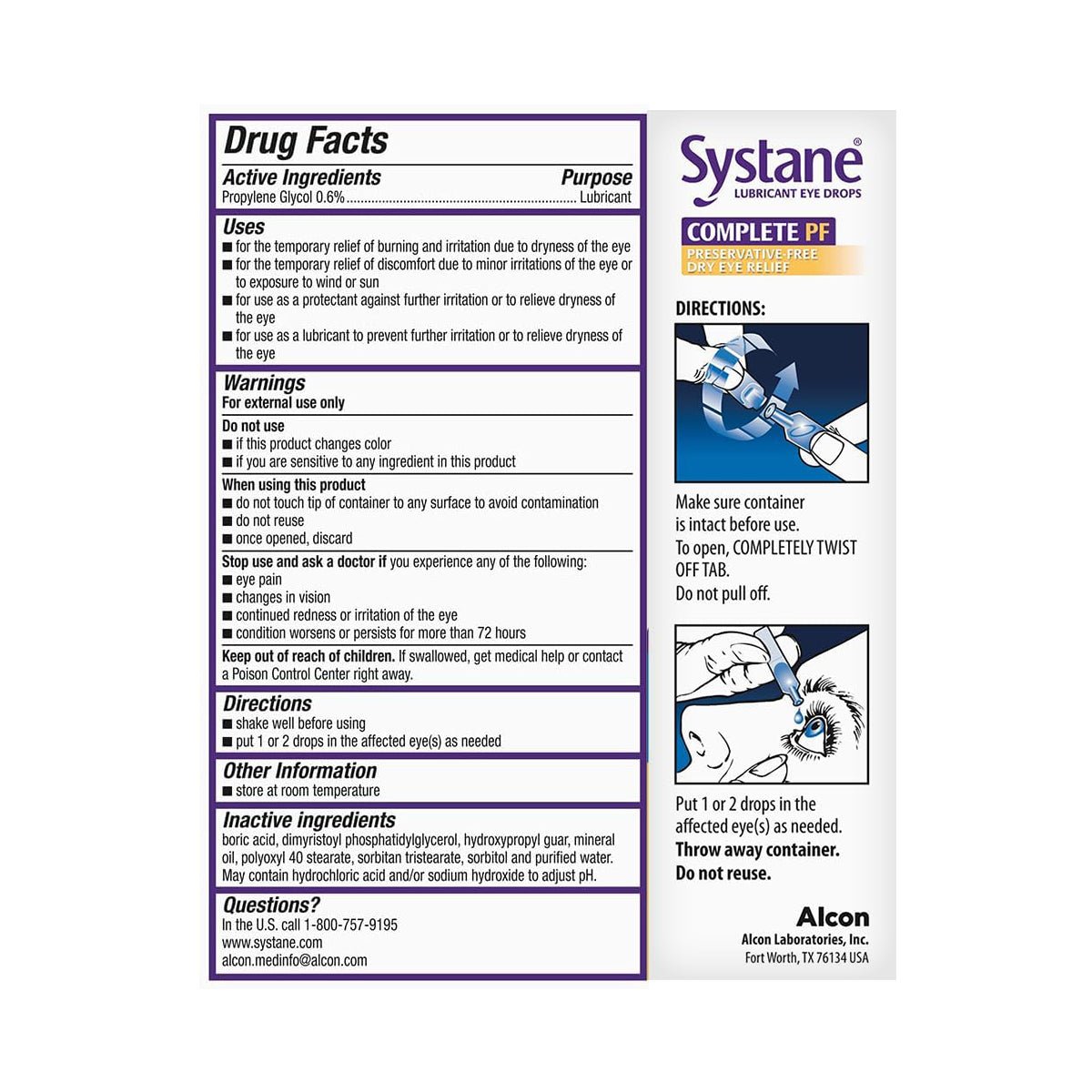 The image shows the packaging for Systane Complete Preservative-Free Lubricant Eye Drops, featuring drug facts, directions, and warnings focused on Dry Eye Relief. The formula contains 0.6% propylene glycol in single-use vials, with a purple banner and Alcon branding at the bottom.