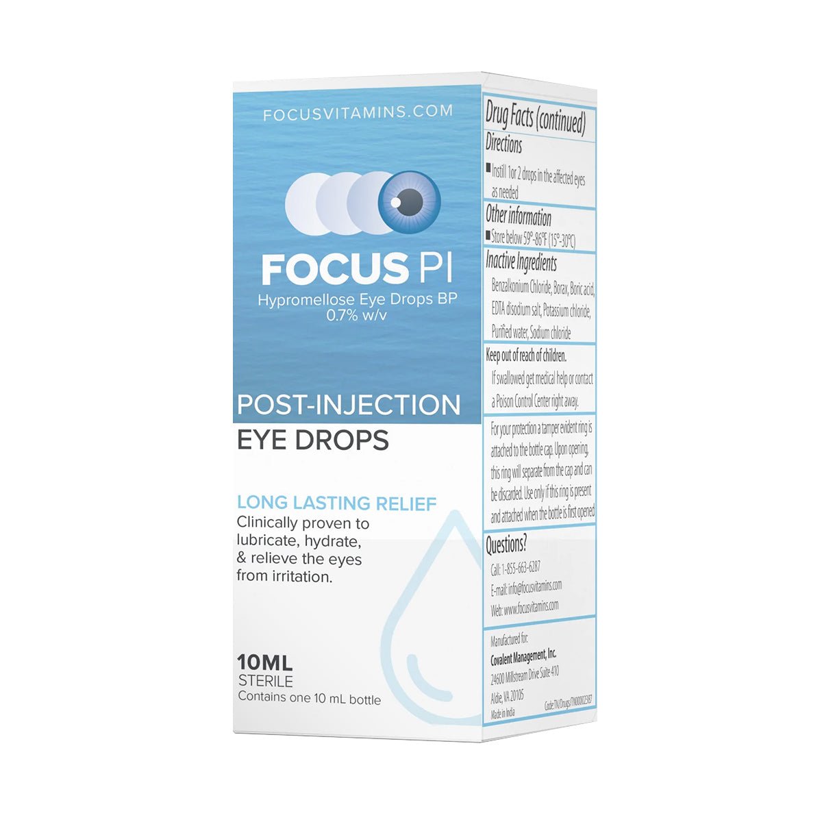 Focus Vitamins Focus PI Eye Drops (10ml Bottle) offer long-lasting lubrication and hydration, soothing post-injection eye irritation with hypromellose 0.7%, specially designed for dry eye relief.