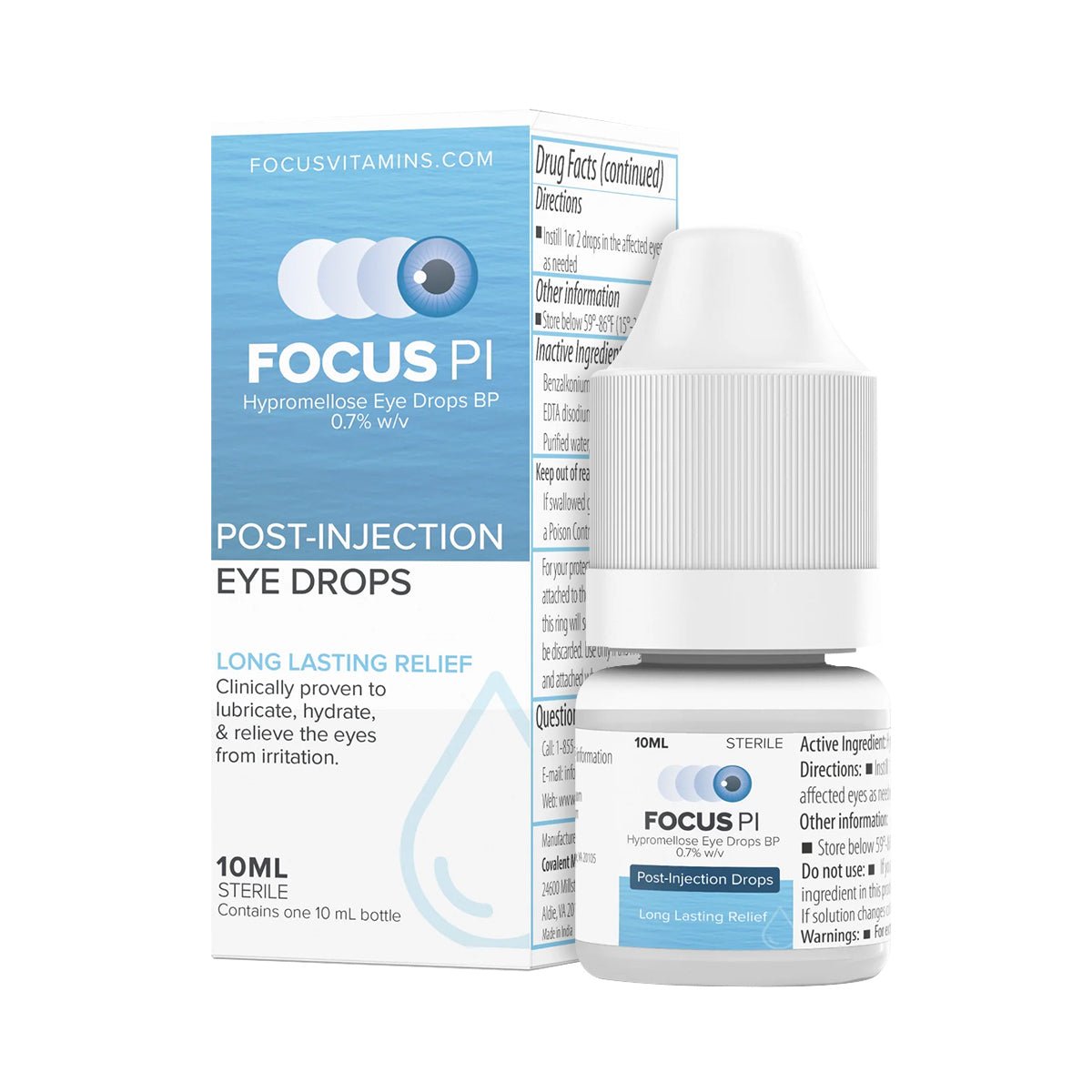 Focus Vitamins Focus PI Eye Drops (10ml Bottle) feature white packaging with blue accents and are ideal for post-injection eye irritation. They provide long-lasting hydration by lubricating, hydrating, and soothing dry eyes effectively.