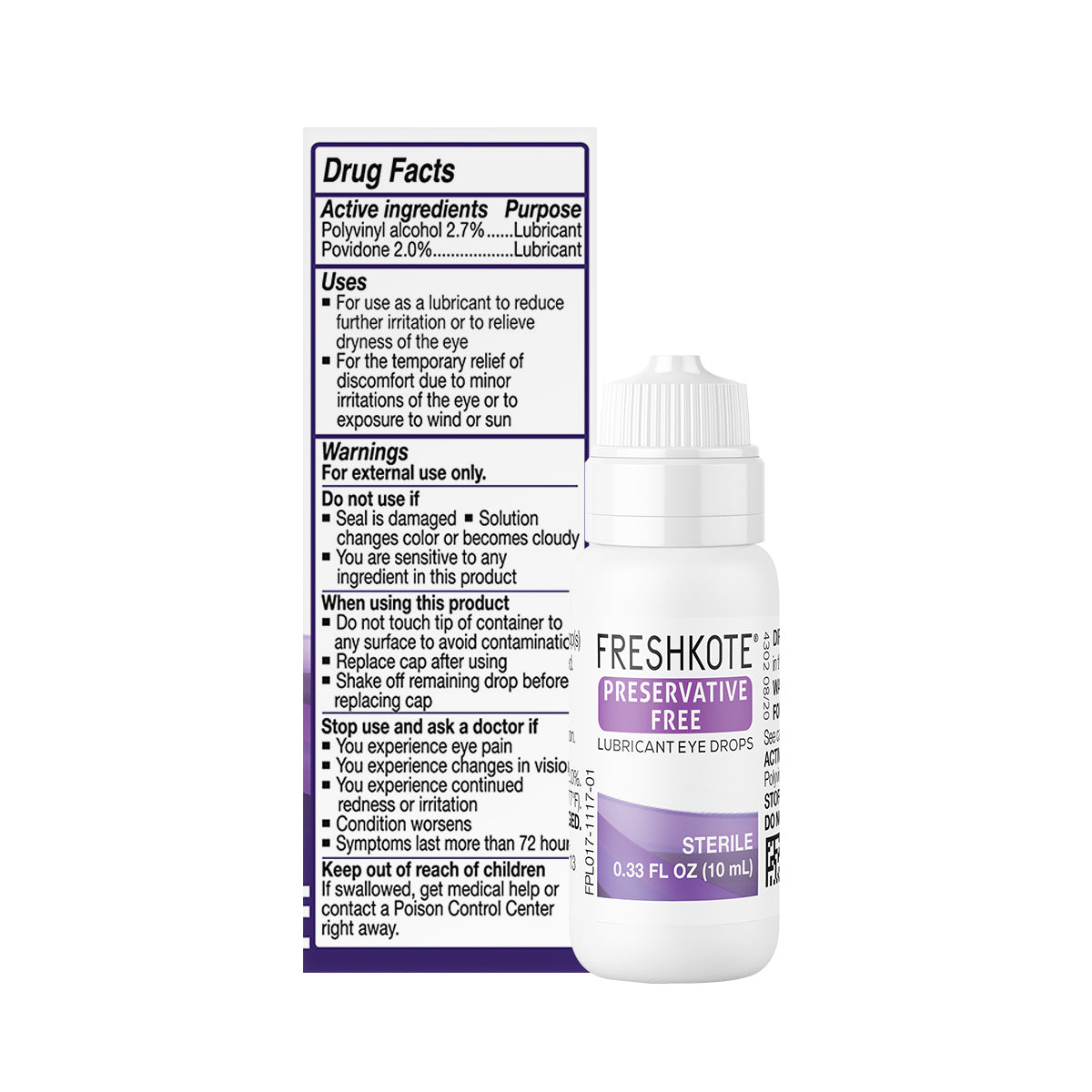 A 10mL bottle of Freshkote (PF) Preservative Free Multidose Eye Drops from Harrow Health, containing 300 drops for dry eye relief, is accompanied by a leaflet detailing drug facts, ingredients, usage instructions, and warnings.