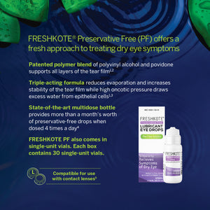 Explore Freshkote (PF) Preservative Free Multidose Eye Drops by Harrow Health, offering a patented polymer blend for outstanding dry eye relief. Housed in a modern multidose bottle, they are ideal for contact lens wearers seeking comfort and clarity.