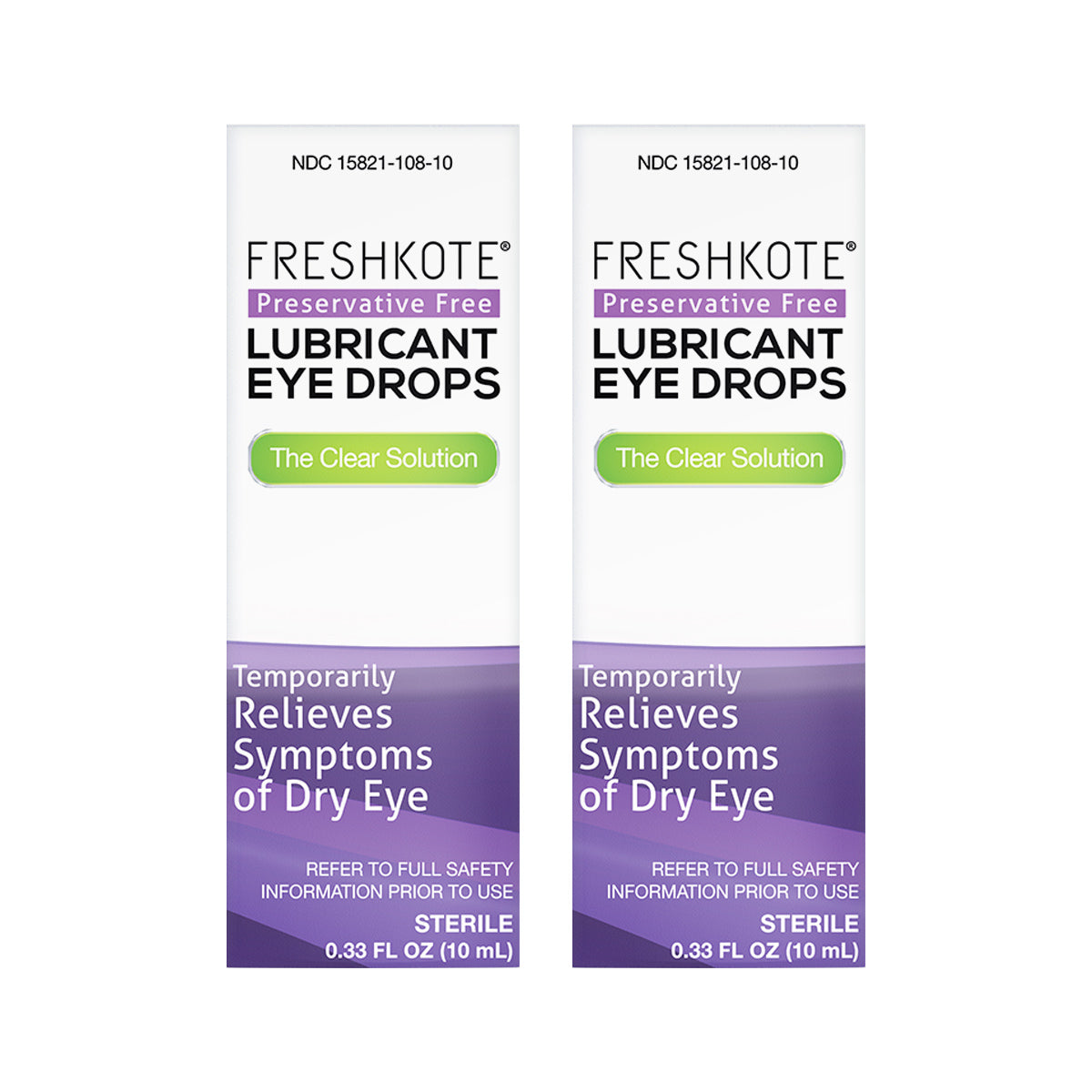 Two boxes of Harrow Healths Freshkote PF Lubricant Eye Drops, each 0.33 fl oz (10 mL), promise temporary dry eye relief with a clear, preservative-free solution.