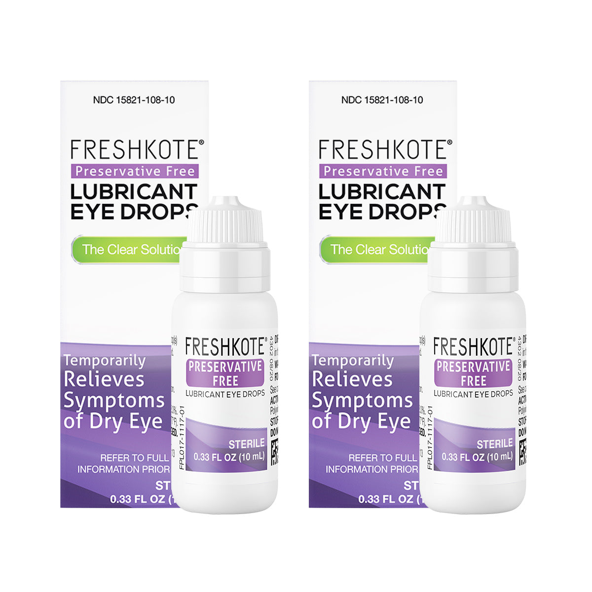 Two bottles of Harrow Healths Freshkote PF Lubricant Eye Drops, each 0.33 fl oz (10 mL), are shown with packaging that highlights Temporarily Relieves Symptoms of Dry Eye on a purple background.