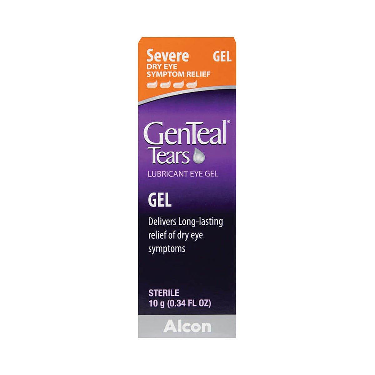 An image of the GenTeal Tears Severe Dry Eye Nighttime Gel box by Alcon shows severe dry eye symptom relief on its orange top section. The bottom white section details packaging info: 10 g (0.34 FL OZ). This gel provides long-lasting relief for dry eyes.