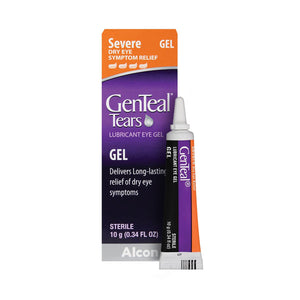 Packaging of Alcons GenTeal Tears Severe Dry Eye Nighttime Gel, an essential artificial tear product. The box is orange and purple with Severe Dry Eye Symptom Relief text, mirrored on the tube. It contains 10g and is sterile, offering reliable dry eye relief.