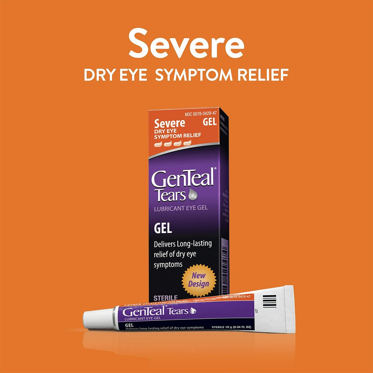 An orange backdrop features an upright box of Alcons GenTeal Tears Severe Dry Eye Nighttime Gel with the gel tube in front. The text promises Severe Dry Eye Symptom Relief. Both the purple box and tube share consistent branding.