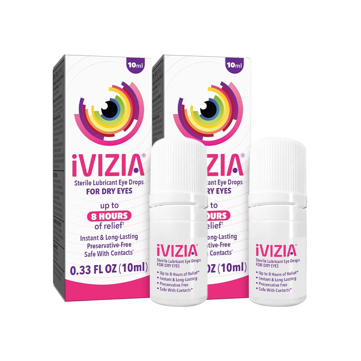 Theas iVIZIA 2-pack Sterile Lubricant Eye Drops, each being a preservative-free 10ml bottle, provide up to 8 hours of dry eye relief and are safe with contacts.