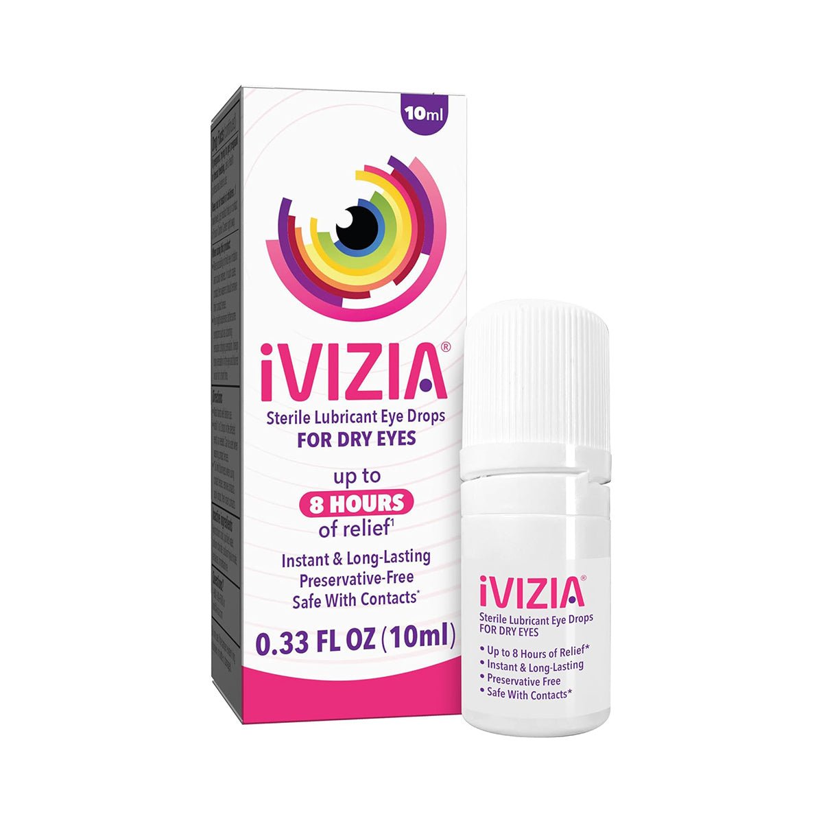 Theas iVIZIA Sterile Lubricant Eye Drops offer preservative-free relief for dry eyes, delivering up to 8 hours of long-lasting hydration. The 10ml bottle is contact lens friendly and features a vibrant rainbow circle design, coherent with its colorful box packaging.