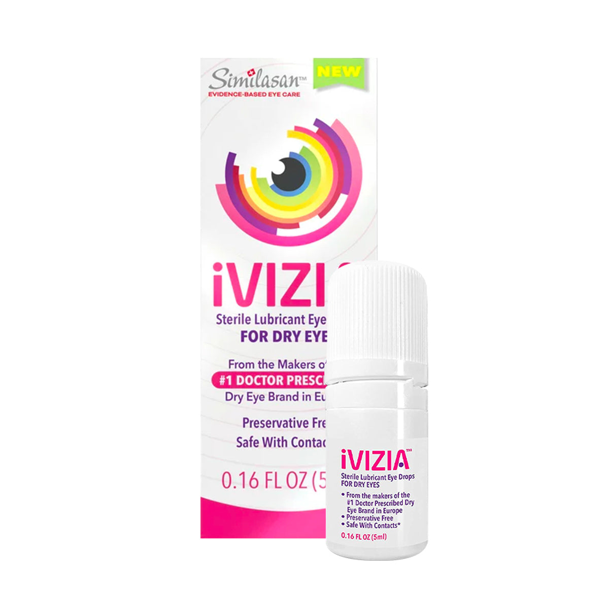 Theas iVIZIA Sterile Lubricant Eye Drops feature packaging beside a 0.17 fl oz (5 ml) bottle, decorated with colorful concentric arcs like an eye. This preservative-free lubricant offers dry eye relief and is safe for contact lenses.