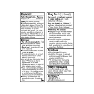 The iVIZIA Sterile Lubricant Eye Drops by Thea, a preservative-free solution for lasting dry eye relief, includes a detailed drug facts label with active ingredients, purpose, uses, warnings, directions, inactive ingredients, and contact info for questions (phone/email). Suitable for contact lenses.