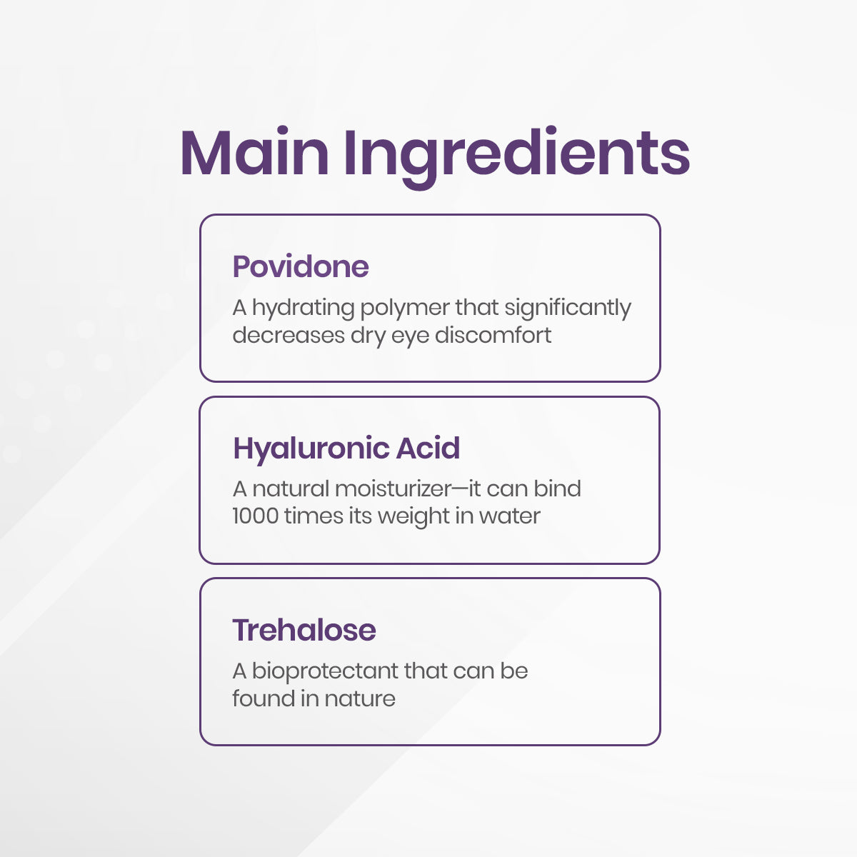 The image showcases Theas iVIZIA Sterile Lubricant Eye Drops, featuring Povidone for dry eye relief, Hyaluronic Acid as a moisturizer with water-binding properties, and Trehalose, a natural bioprotectant. It is preservative-free and contact lens friendly.