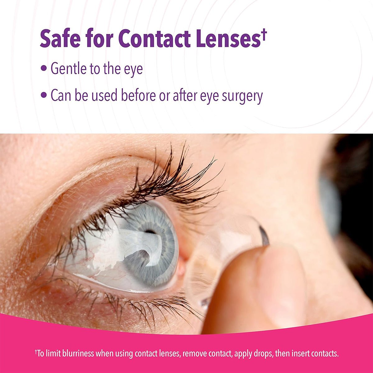 A person inserts a contact lens. Text: iVIZIA Sterile Lubricant Eye Drops by Thea offer preservative-free, long-lasting dry eye relief and are safe for lenses. Note: Remove contacts before applying to avoid blurriness. Suitable for use before or after eye surgery.