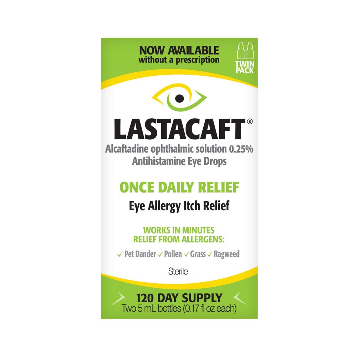 The image shows a Lastacaft Once Daily Eye Allergy Itch Relief Drops Twin Pack (2x5mL, 120 Day Bottle) by Abbvie. Its an effective, non-prescription antihistamine solution for eye itchiness from allergens like pollen and pet dander.