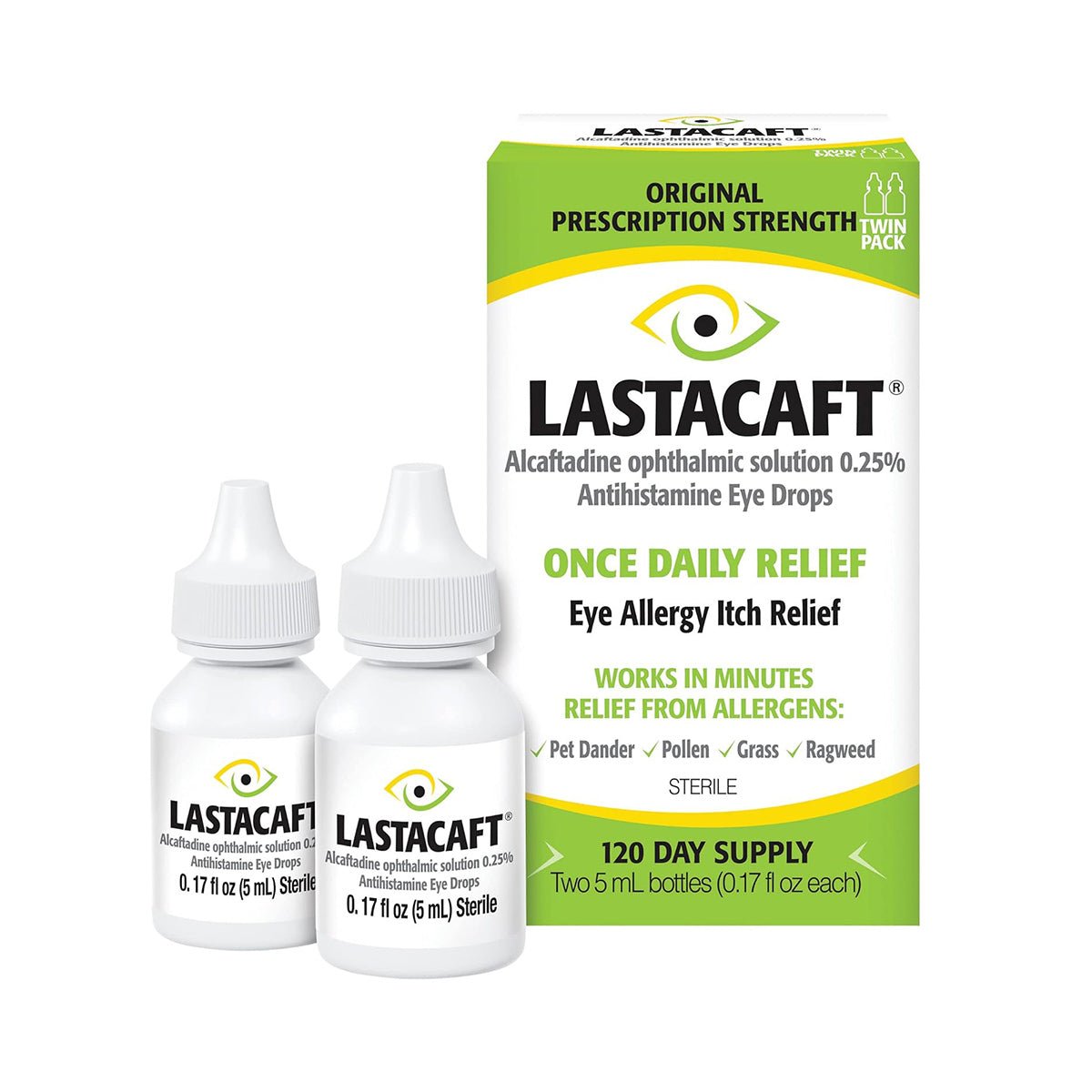 The Lastacaft Once Daily Eye Allergy Itch Relief Drops by Abbvie (Twin Pack 2x5mL, 120-day supply) offer original prescription strength relief from eye allergies caused by pet dander, pollen, grass, and ragweed.