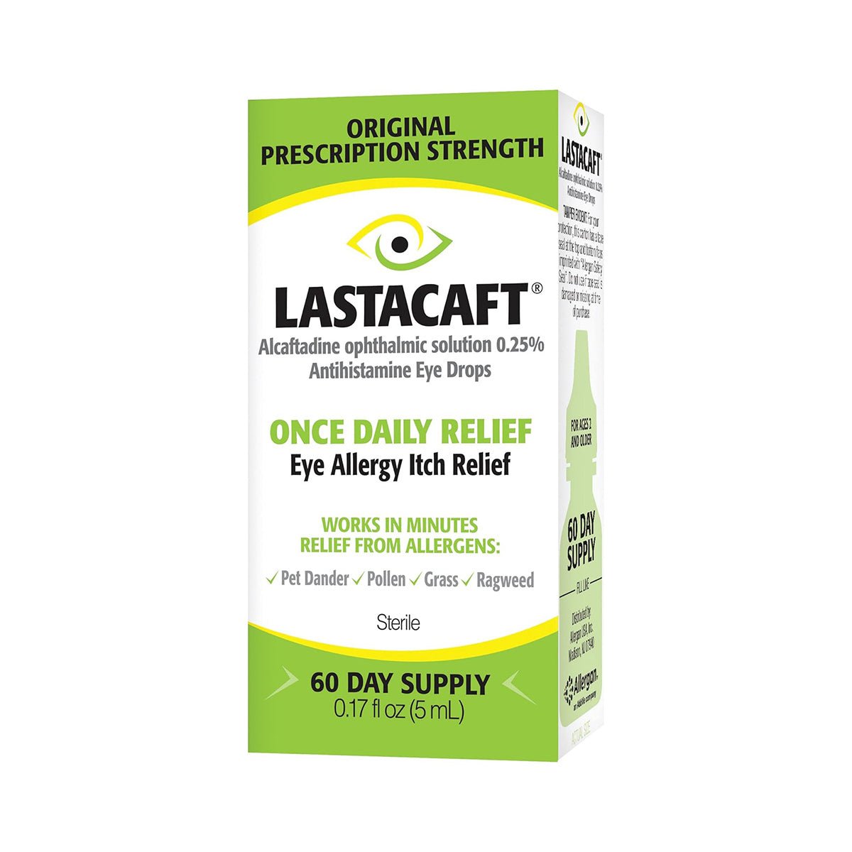 Lastacaft Once Daily Eye Allergy Itch Relief Drops (5mL 60 Day Bottle) offers fast-acting relief from allergy symptoms.