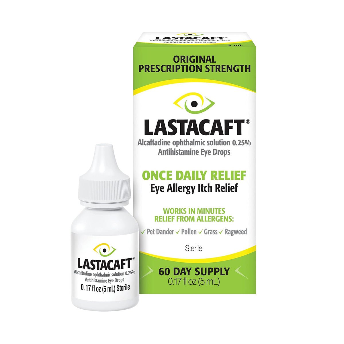 Image of a box and bottle of Lastacaft Once Daily Eye Allergy Itch Relief Drops (5 mL, 60-day). The Abbvie product is prescription-strength, fast-acting for allergy relief against pet dander and pollen.