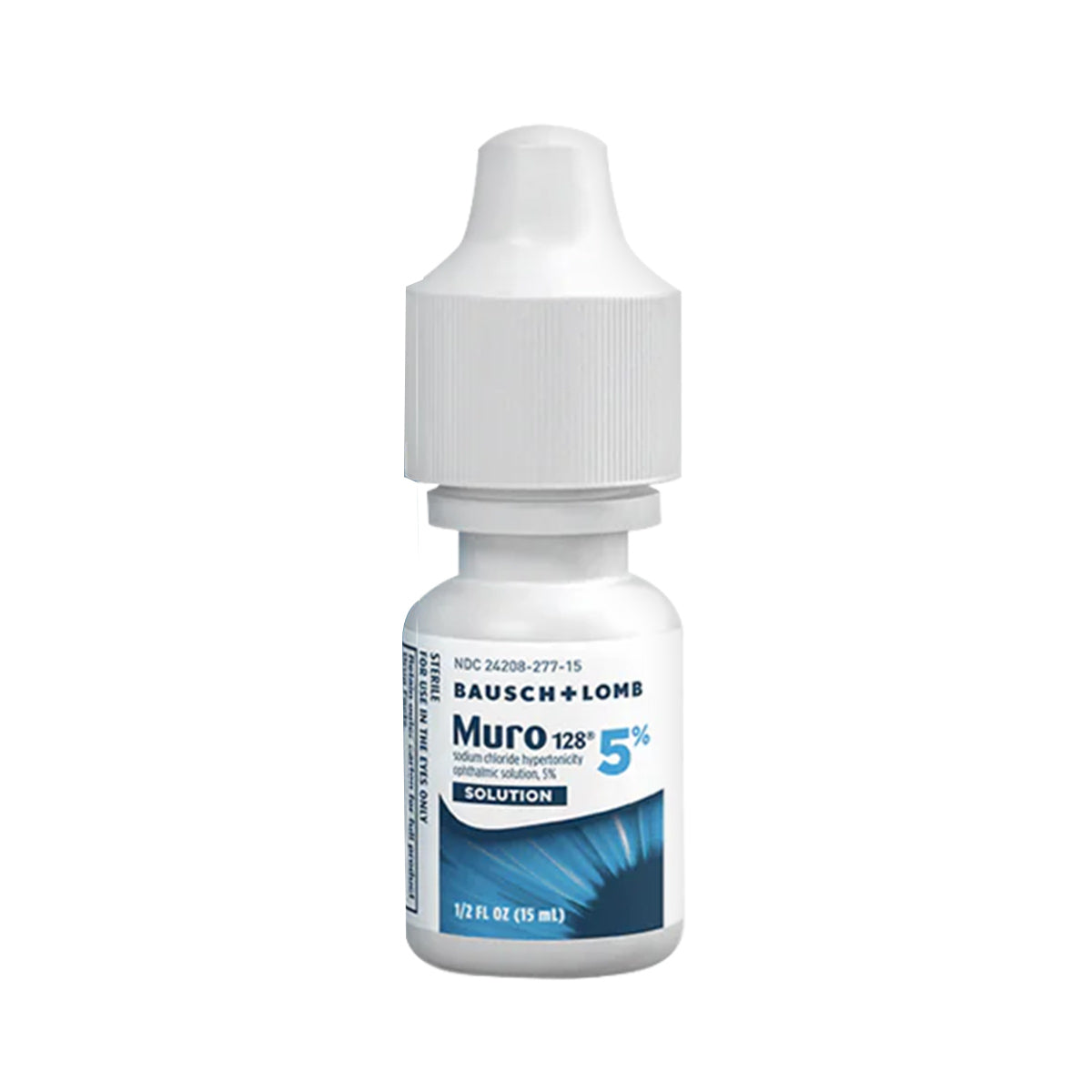 Bausch + Lomb Muro 128 Eye Drops provide temporary relief for corneal edema with a 5% sodium chloride solution in a white, cylindrical, 0.5 fl oz bottle. It features a blue label and a white ribbed cap for easy grip.