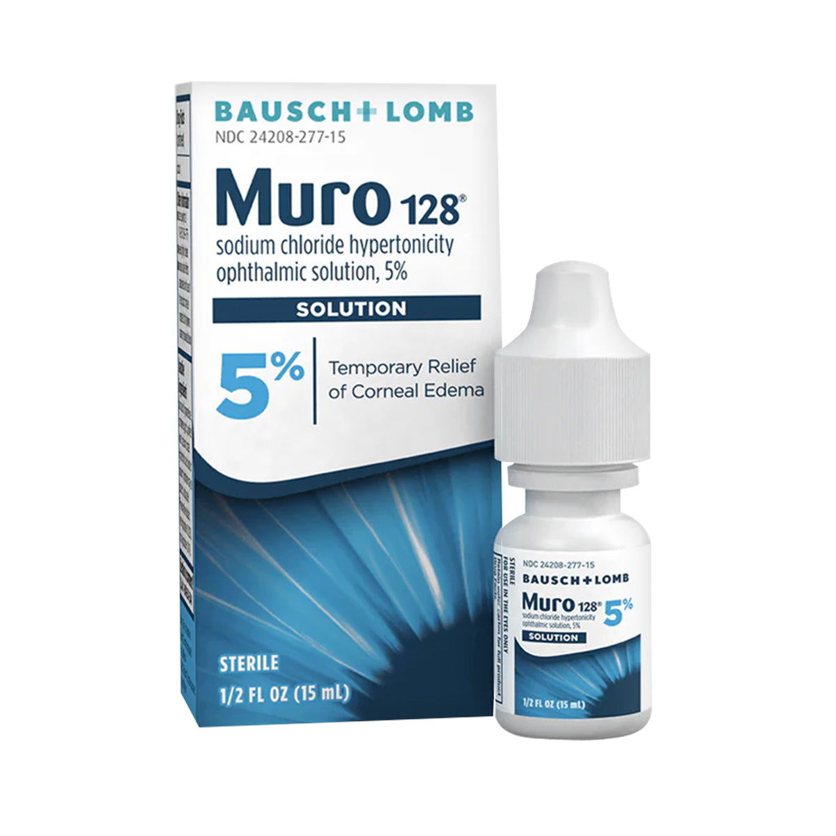 The image shows a Bausch + Lomb Muro 128 Eye Drops box and bottle, providing temporary relief for corneal edema with its 5% solution. The bottle has a blue label and contains 0.5 fl oz (15 mL) of the solution.