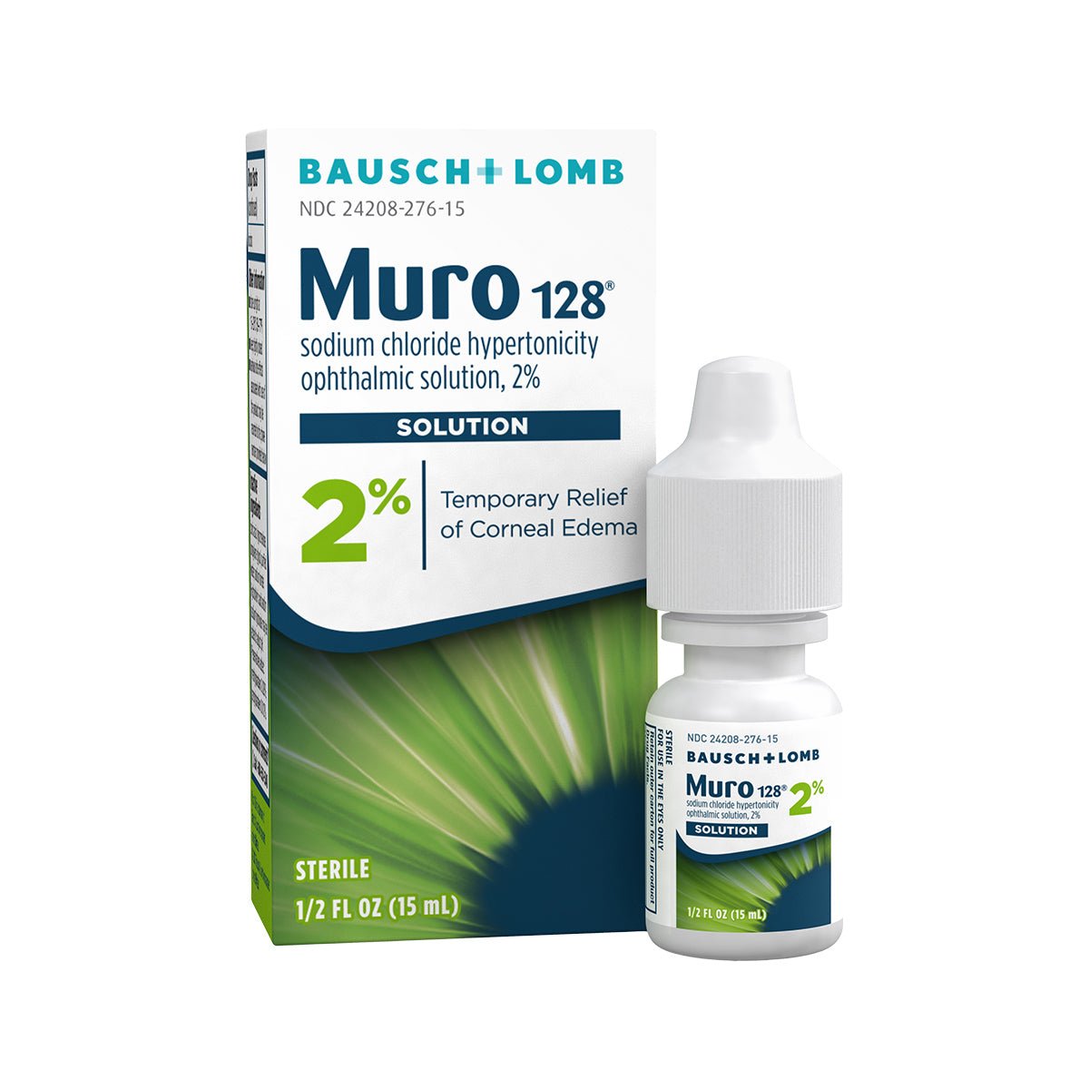 Image of Bausch + Lomb Muro 128 Eye Drops packaging and bottle. The 2% sodium chloride solution provides temporary corneal edema relief in a sterile 0.5 fl oz (15 ml) bottle.