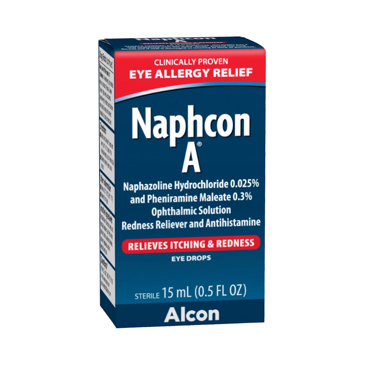 Box of Alcons Naphcon A Redness Reliever Eye Drops offers Clinically Proven Eye Allergy Relief, relieving itching and redness with an antihistamine & decongestant formula containing Naphazoline Hydrochloride 0.025% and Pheniramine Maleate 0.3%, includes a $3 coupon, 15 mL size.