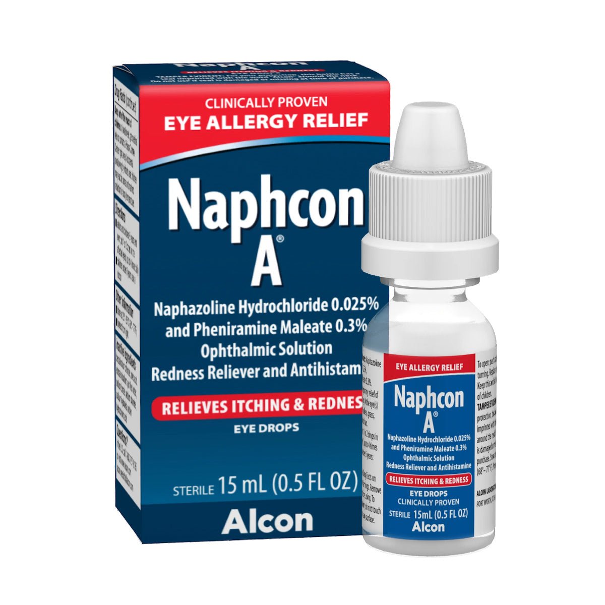 The image shows a box and bottle of Alcons Naphcon A Redness Reliever Eye Drops, featuring a blue box with red accents that state Clinically Proven Eye Allergy Relief. The white 15 ml bottle offers an antihistamine solution to relieve itching and redness and includes a $3 coupon.