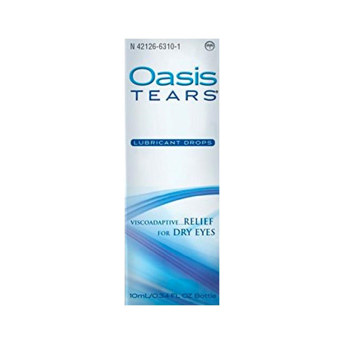 Oasis Medicals Oasis Tears Multidose Bottle is a 10mL lubricant eye drop solution for dry eye relief, packaged in blue and white. The text highlights Viscoadaptive... Relief for Dry Eyes with a mild preservative ensuring gentle comfort.