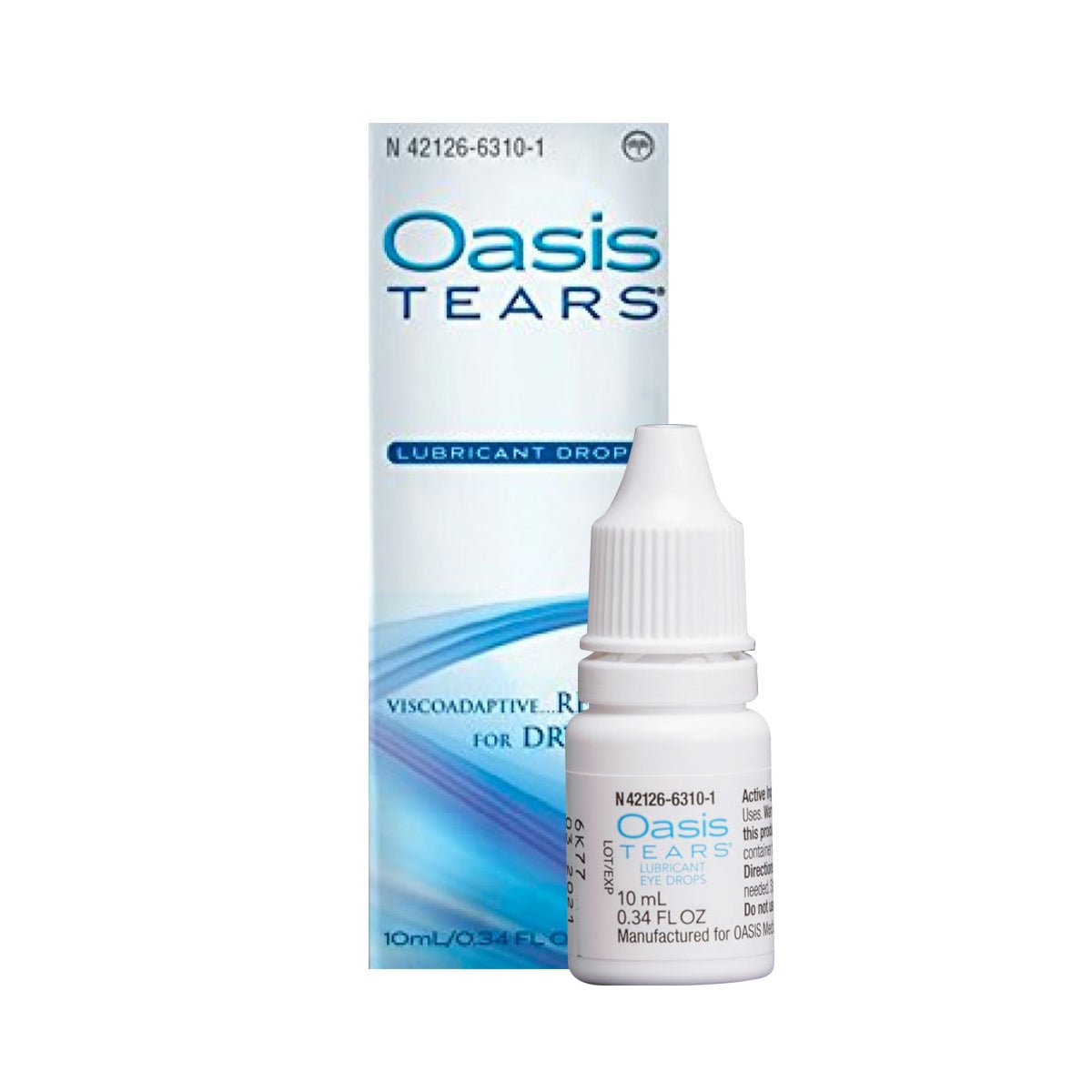 A small bottle of Oasis Tears Multidose (10mL) by Oasis Medical sits in front of a blue and white box, highlighting its mild preservative formula for effective dry eye relief.