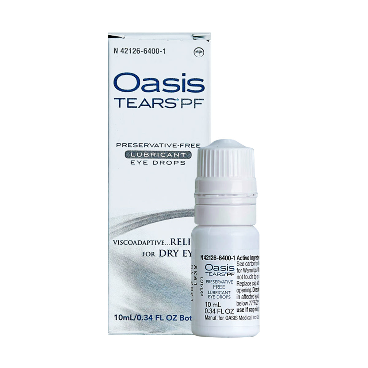 A 10mL bottle of Oasis Tears Preservative-Free Eye Drops by Oasis Medical accompanies its stylish white and silver box, featuring a sodium hyaluronate solution for effective dry eye relief.