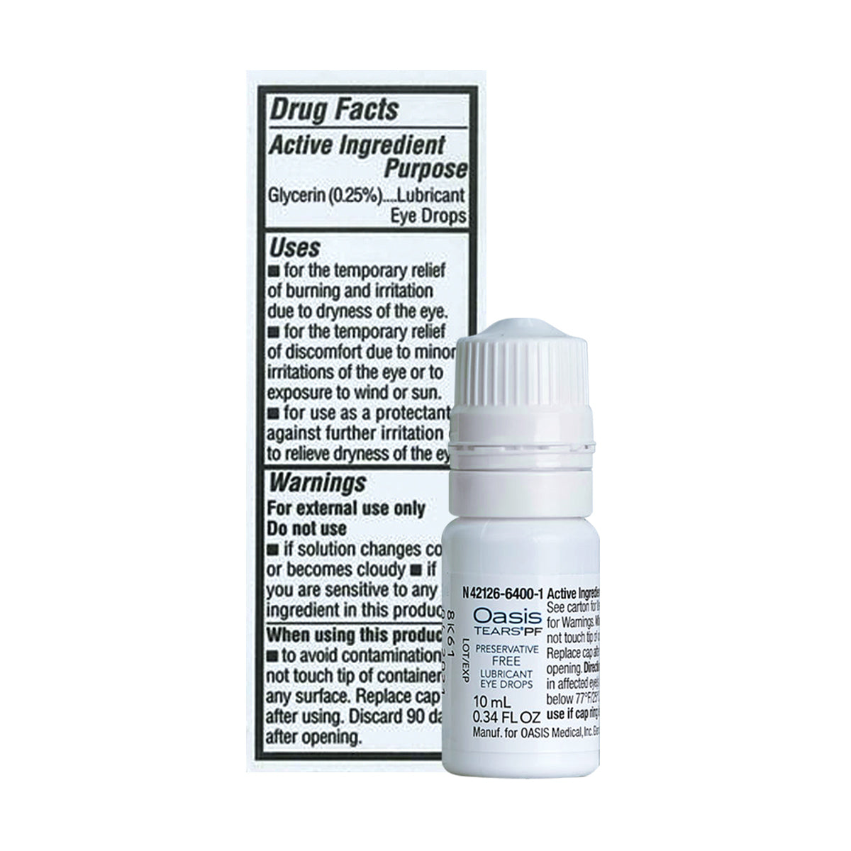 A 10mL bottle of Oasis Tears Preservative-Free Eye Drops by Oasis Medical offers relief for dry eyes, highlighting sodium hyaluronate as the active ingredient. The Drug Facts label provides details on uses, warnings, and proper use instructions.