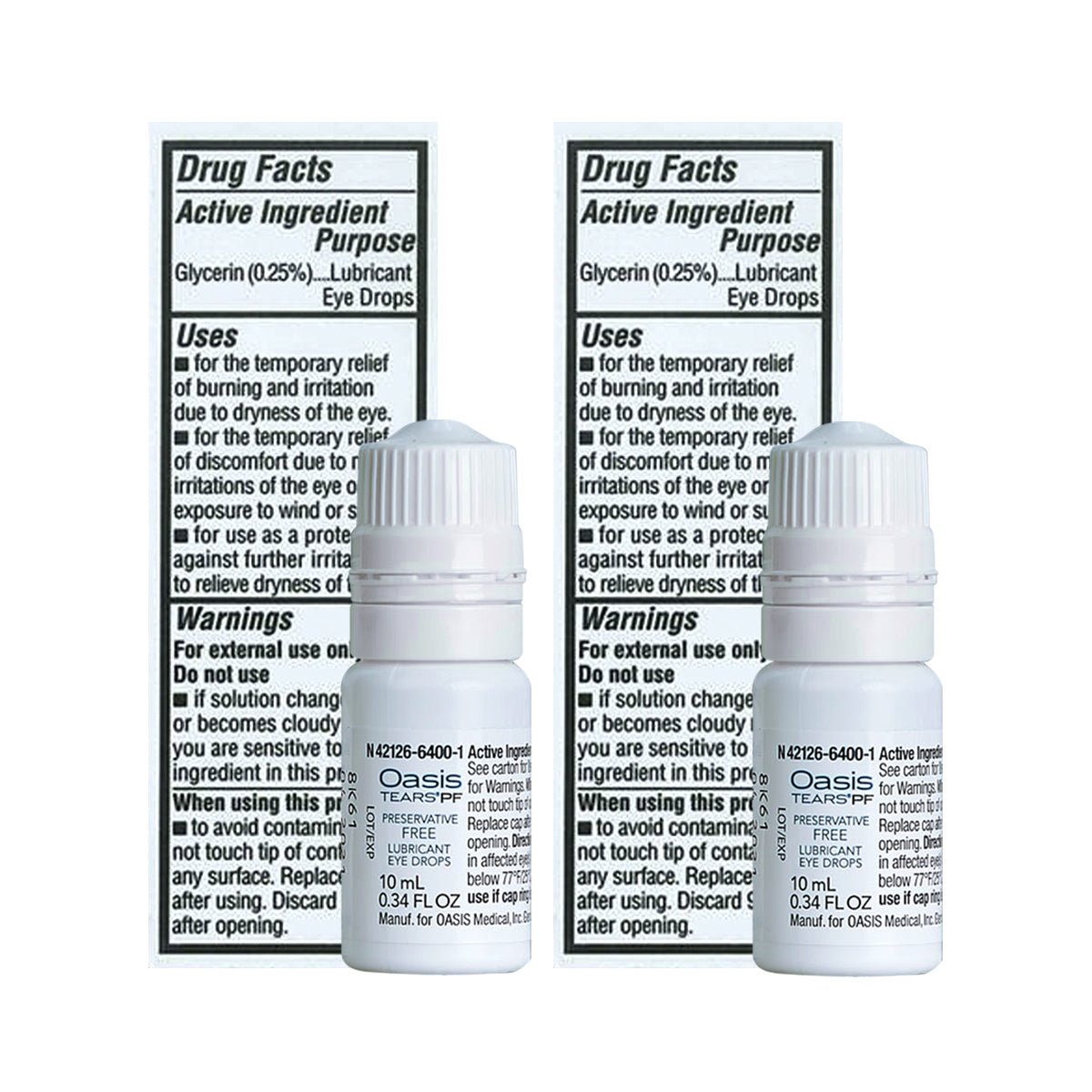 Two 0.34 fl oz bottles of Oasis Tears 2-pack Preservative-Free Eye Drops by Oasis Medical, labeled as preservative-free with glycerin and sodium hyaluronate for soothing dry eyes, are shown clearly against a plain background with drug facts labels.