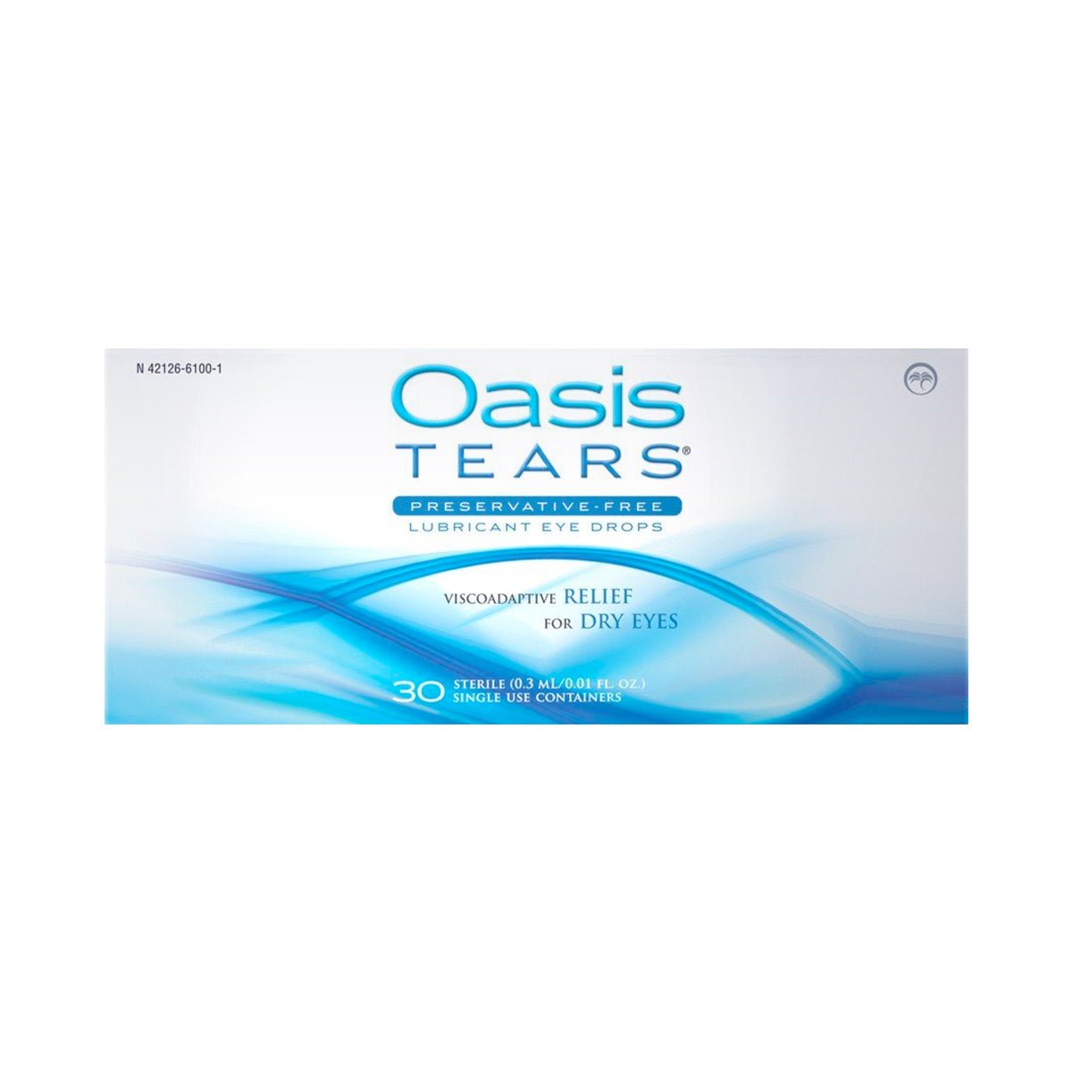 Oasis Tears Preservative-Free Eye Drops by Oasis Medical offer 30 single-use vials of lubricant eye drops containing Sodium Hyaluronate. The predominantly white packaging with blue accents highlights viscoadaptive relief for dry eyes.