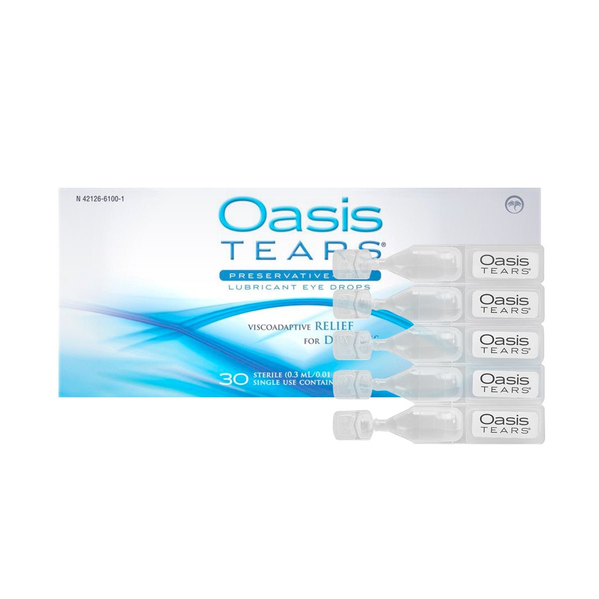 The Oasis Medical Oasis Tears Preservative-Free Eye Drops, ideal for mild to moderate dryness, come in a 30-count box of single-use vials. The packaging highlights its viscoadaptive relief formula with Sodium Hyaluronate for soothing dry eyes.