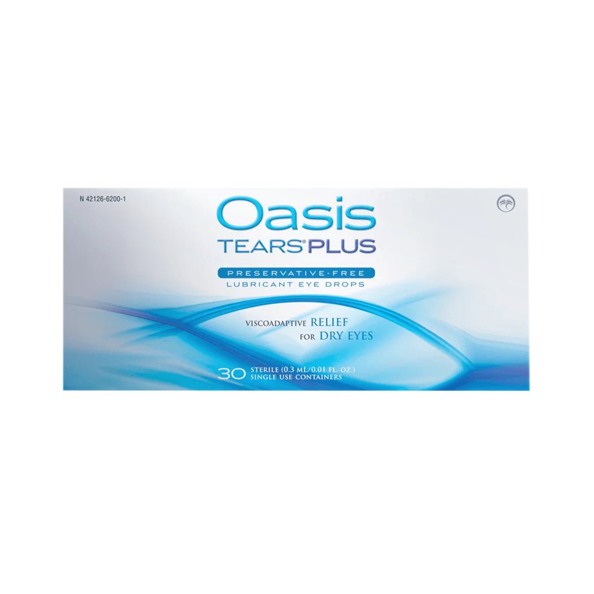 The image displays a box of Oasis Medicals Oasis Tears Plus, labeled as preservative-free eye drops. Featuring blue accents, it provides viscoadaptive relief for moderate to severe dry eye and includes 30 convenient single-use vials.