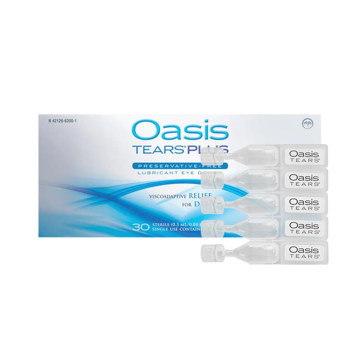 Display of Oasis Tears Plus Preservative-Free Eye Drops by Oasis Medical, featuring 30 single-use vials. The blue and white packaging emphasizes its suitability for moderate to severe dry eyes. Each vial is labeled for easy identification and use.