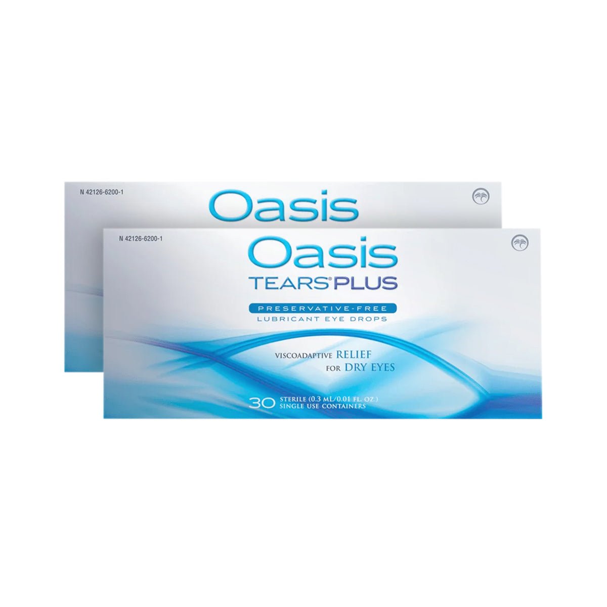 Two packs of Oasis Medicals Oasis Tears Plus Lubricant Eye Drops, perfect for severe dry eye relief, feature a white box with blue wave graphics highlighting its preservative-free formula. Each pack includes 60 single-use sterile vials.