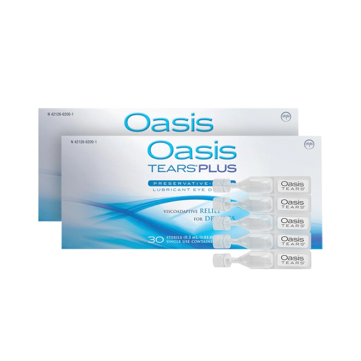 Two packs of Oasis Medicals Oasis Tears Plus Lubricant Eye Drops are shown, labeled for severe dry eye relief. The preservative-free, blue-accented packaging includes individual vials.