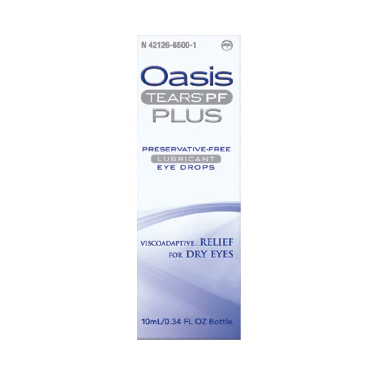 The image shows an Oasis Tears Plus Preservative-Free Eye Drops box, by Oasis Medical, for severe dry eye relief. The packaging is mainly white with blue text highlighting relief for dry eyes and specifies the volume as 10ml or 0.34 FL OZ.